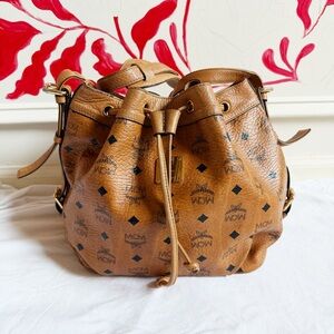 MCM Cognac Visetos Drawstring Crossbody Bucket Bag Monogram Coated Leather